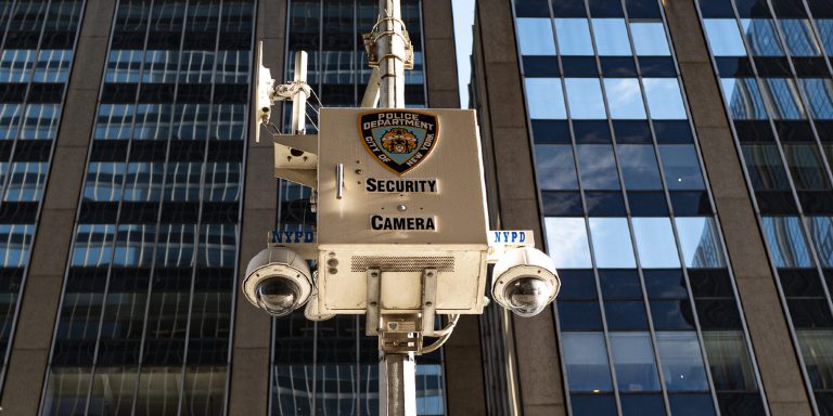 New York Police Department security cameras watch for activity on 5th Avenue for the Holiday season during the Coronavirus (Covid-19) outbreak in Manhattan,New York on Sunday, December 6, 2020. (Alex Menendez via AP)