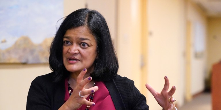 Rep. Pramila Jayapal, D-Wash., speaks during an interview Friday, Nov. 12, 2021, in Seattle. Jayapal's career has rapidly ascended into the top tiers of U.S. politics, bringing with her the progressive street cred she amassed in Seattle and a political sensibility she has decisively wielded in D.C. (AP Photo/Elaine Thompson)