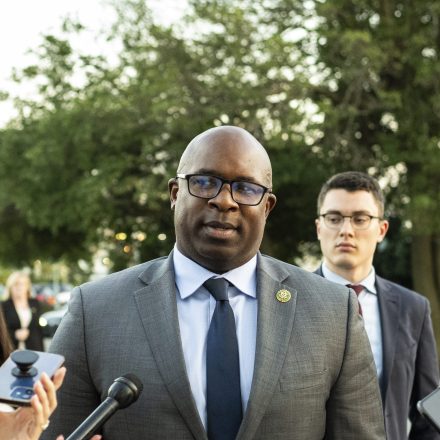 Representative Jamaal Bowman (D-N.Y.) speaks to media at the U.S. Capitol, in Washington, D.C., on Monday, October 2, 2023. (Graeme Sloan/Sipa USA)(Sipa via AP Images)