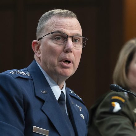 Gen. Gregory Guillot, Air Force Commander, United States Northern Command and North American Aerospace Defense Command, left, and Gen. Laura Richardson, Army Commander, United States Southern Command, testify before the Senate Armed Services Committee on Capitol Hill in Washington, Thursday, March 14, 2024.