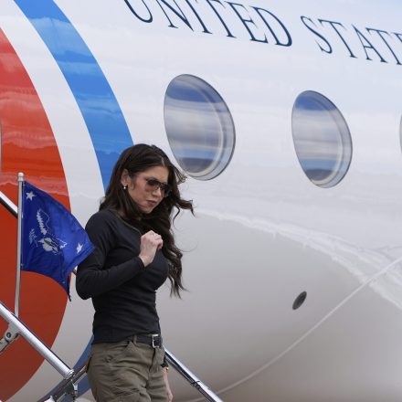 Homeland Security Secretary Kristi Noem arrives at Nogales International Airport, Saturday, March 15, 2025, in Nogales, Ariz..