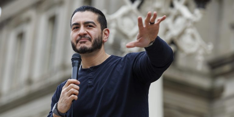 Former Wayne County Health Director Abdul El-Sayed speaks at a "Hands Off" protest at the Michigan Capitol in Lansing, Mich., on April 5, 2025. (Photo by Andrew Roth/Sipa USA)(Sipa via AP Images)