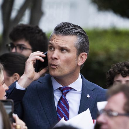 Defense Secretary Pete Hegseth on the phone at the White House Easter Egg Roll on Monday, April 21, 2025.