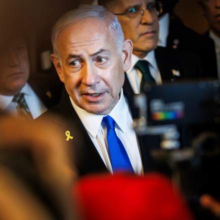 Prime Minister of Israel Benjamin Netanyahu stops to make a statement as he arrives at the U.S. Capitol to meet with a bipartisan group of lawmakers on July 9, 2025 in Washington, D.C.
