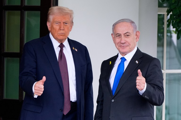 President Donald Trump greets Israeli Prime Minister Benjamin Netanyahu at the West Wing of the White House, Monday, Sept. 29, 2025, in Washington.