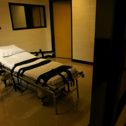 The gurney used for lethal injections sits behind glass windows in a small cinder block building at the Georgia Diagnostic and Classification Prison in Jackson, Ga., Sept. 7, 2007.
