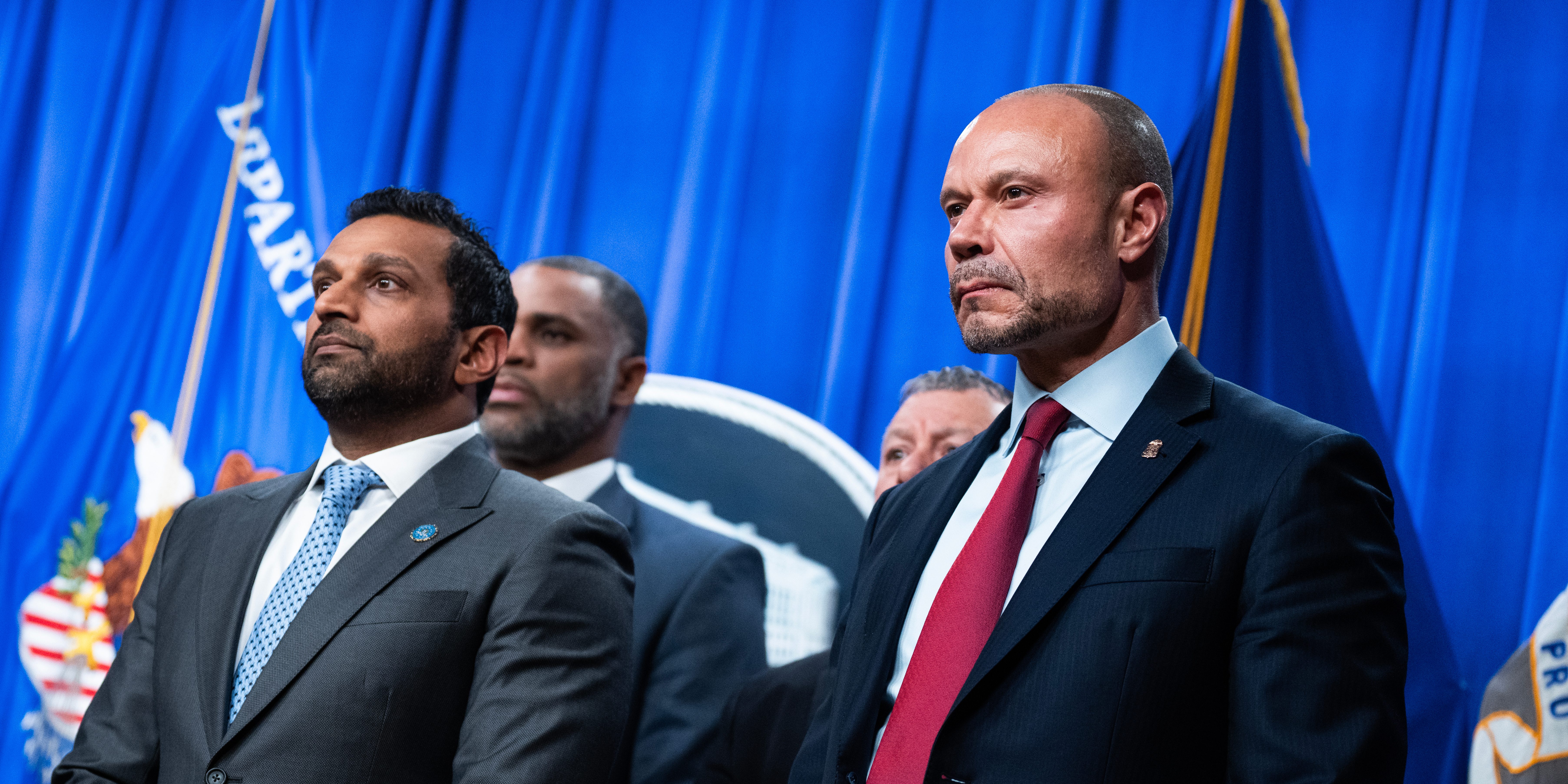 UNITED STATES - DECEMBER 4: FBI Director Kash Patel, left, and Dan Bongino, deputy director of the FBI, attend a news conference at the Department of Justice on Thursday, December 4, 2025, announcing the arrest of Brian Cole Jr., who allegedly placed pipe bombs near the Republican and Democratic National Committee offices on January 6, 2021. (Tom Williams/CQ Roll Call via AP Images)