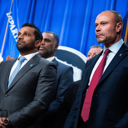 UNITED STATES - DECEMBER 4: FBI Director Kash Patel, left, and Dan Bongino, deputy director of the FBI, attend a news conference at the Department of Justice on Thursday, December 4, 2025, announcing the arrest of Brian Cole Jr., who allegedly placed pipe bombs near the Republican and Democratic National Committee offices on January 6, 2021. (Tom Williams/CQ Roll Call via AP Images)