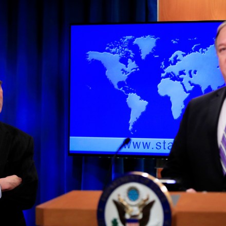 Elliott Abrams, left, listens to Secretary of State Mike Pompeo talk about Venezuela at the State Department in Washington, Friday, Jan. 25, 2019. (AP Photo/Manuel Balce Ceneta)