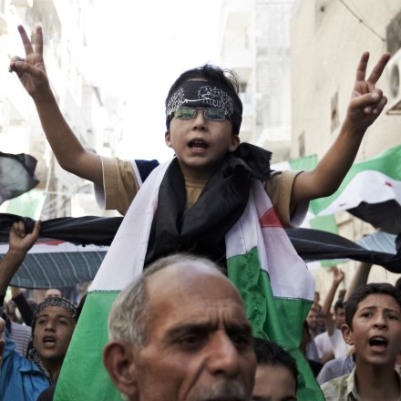 29 September 2012 - Aleppo, Syria - Civilians gather on the streets of Aleppo to protest against the regime's indiscriminate killings. Photo Credit: Sebastiano Tomada/Sipa USA