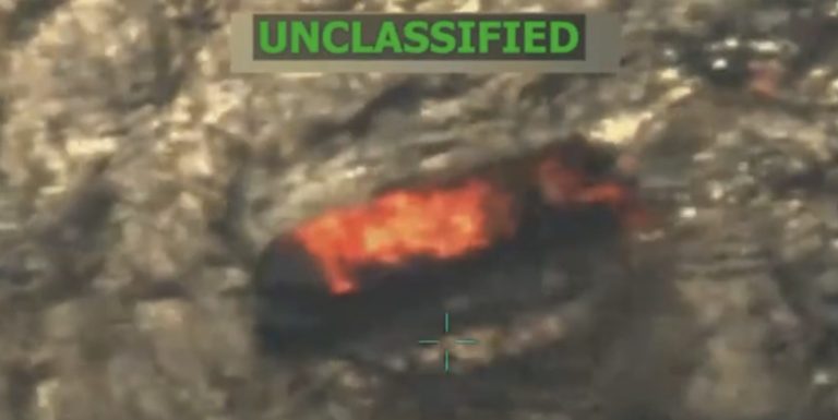 A screenshot from the video President Donald Trump posted to Truth Social on Sept. 15, 2025, showing a U.S. military strike on a boat in the Caribbean Sea.