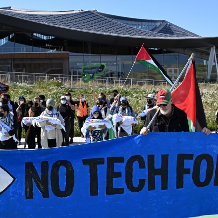 Palestine solidarity demonstrators block the Google I/O developer conference entrance to protest Google’s Project Nimbus and Israeli attacks on Gaza and Rafah, at its headquarters in Mountain View, Calif., on May 14, 2024.