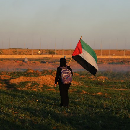 KHAN YOUNIS, GAZA, / , PALESTINE - 2019/01/04: A Palestinian girl seen with a flag during the clashes.Palestinians Clashed with Israeli troops during protests on the Gaza-Israel wall east of Khan Yunis. (Photo by Yousef Masoud/SOPA Images/LightRocket via Getty Images)