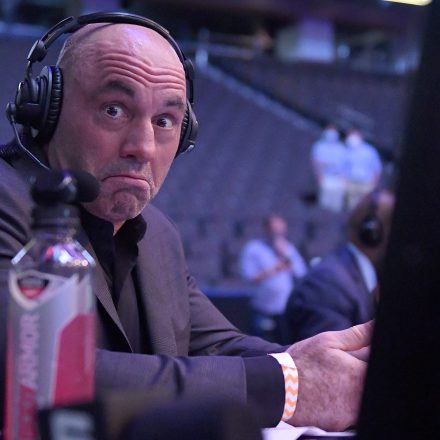 Joe Rogan reacts during UFC 249 at VyStar Veterans Memorial Arena on May 09, 2020 in Jacksonville, Florida.