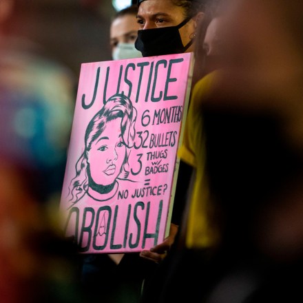 Protesters gather at 59th St. and Fifth Avenue after a judge announced the charges brought by a grand jury against Detective Brett Hankison, one of three police officers involved in the fatal shooting of Breonna Taylor in New York City on September 23, 2020. - Hankison was charged today with three counts of "wanton endangerment" in connection with the shooting of Breonna Taylor, a 26-year-old black woman whose name has become a rallying cry for the Black Lives Matter movement. (Photo by COREY SIPKIN / AFP) (Photo by COREY SIPKIN/AFP via Getty Images)