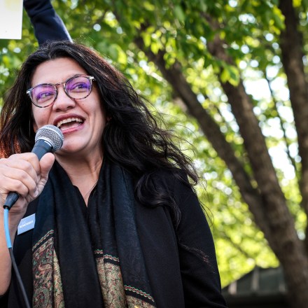 WASHINGTON, DC - APRIL 27: Rep. Rashida Tlaib (D-MI) speaks at a Student Loan Forgiveness rally on Pennsylvania Avenue and 17th street near the White House on April 27, 2022 in Washington, DC. Student loan activists including college students held the rally to celebrate U.S. President Joe Biden's extension of the pause on student loans and also urge him to sign an executive order that would fully cancel all student debt. (Photo by Anna Moneymaker/Getty Images)