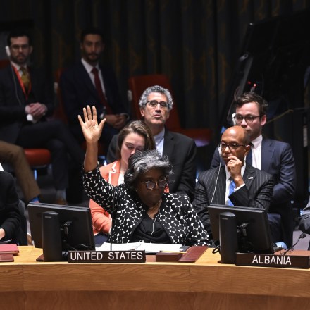 NEW YORK, UNITED STATES - OCTOBER 18: U.S. Representative to the United Nations, Ambassador Linda Thomas-Greenfield (C) attends the UN Security Council emergency meeting in New York, United State on October 18, 2023. UN Security Council convene emergency meeting to address attack on al-Ahli Baptist Hospital in Gaza. Russian Ambassador and Permanent Representative of Russian Federation to the United Nations (UN) Vassily Nebenzia (not seen) also attended the meeting chaired by Brazil. (Photo by Fatih Aktas/Anadolu via Getty Images)