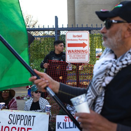 WASHINGTON - FEBRUARY 26: Pro-Palestine demonstrators gather during a vigil for U.S. Airman Aaron Bushnell outside the Embassy of Israel in Washington, on Monday, February 26, 2024. Bushnell, 25, died by self immolation outside the embassy in protest against the Israel-Hamas war. (Photo by Tom Brenner for The Washington Post via Getty Images)