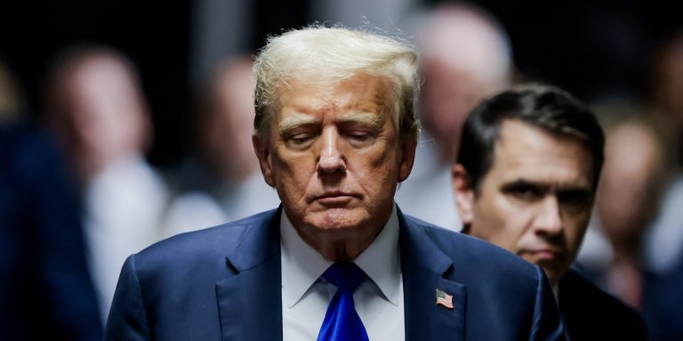 NEW YORK, NEW YORK - MAY 30: Former U.S. President Donald Trump departs the courtroom after being found guilty on all 34 counts in his hush money trial at Manhattan Criminal Court on May 30, 2024 in New York City. The former president was found guilty on all 34 felony counts of falsifying business records in the first of his criminal cases to go to trial. Trump has now become the first former U.S. president to be convicted of felony crimes. (Photo by Justin Lane-Pool/Getty Images)