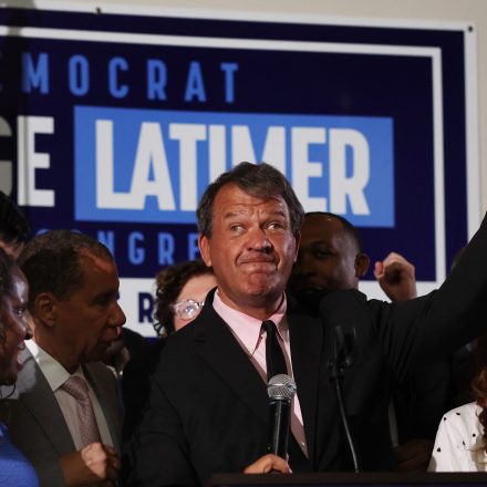 WHITE PLAINS, NEW YORK - JUNE 25: Westchester County Executive George Latimer speaks to supporters after winning his race against Democratic incumbent Representative Jamaal Bowman in the 16th Congressional District of New York's Democratic primary. Latimer beat Bowman, one of the most liberal members of Congress, after the congressman made a series of statements critical of Israel and supportive of Palestinians in a district with a large population supportive of Israel.  (Photo by Spencer Platt/Getty Images)