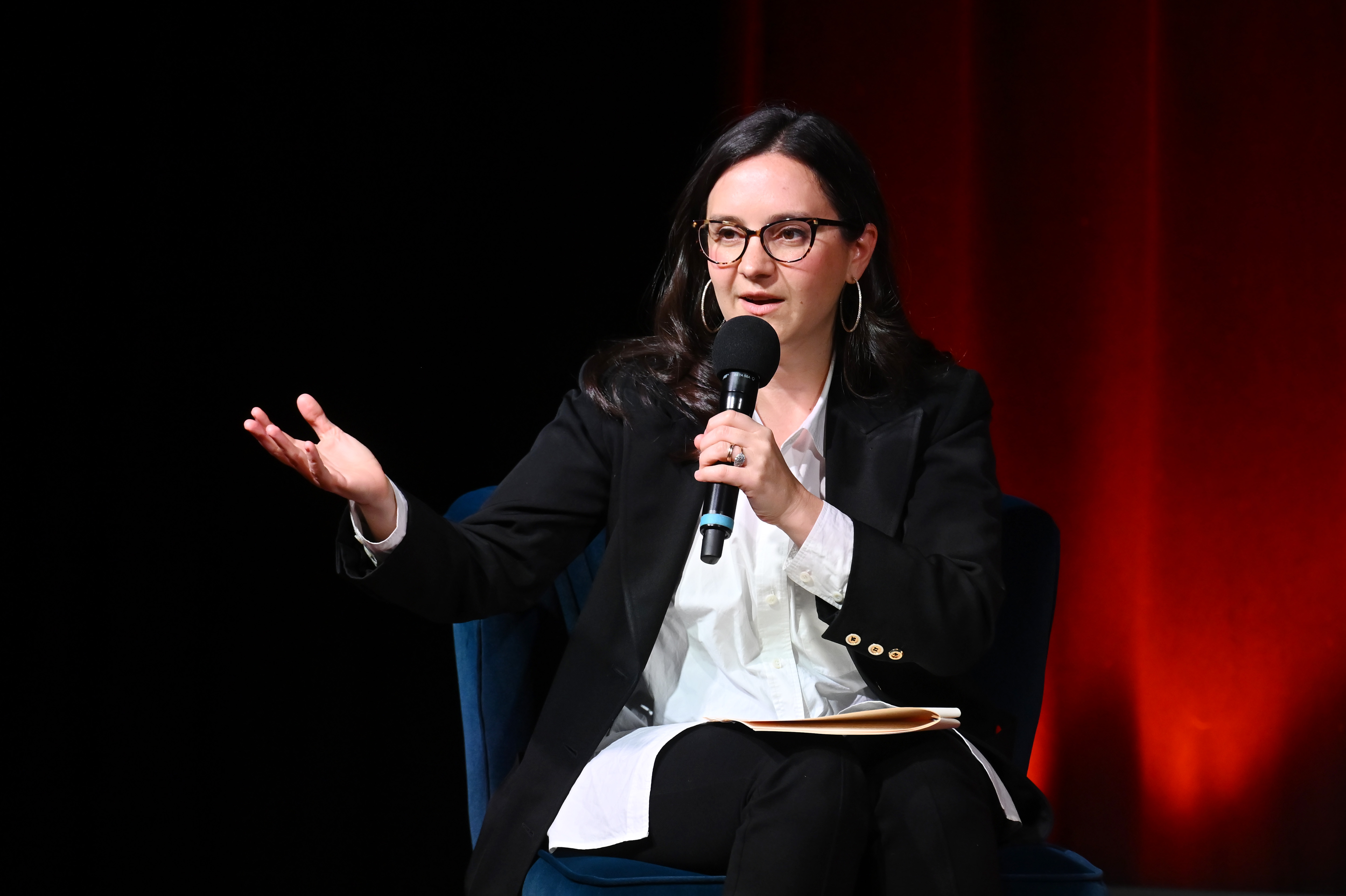 NEW YORK, NEW YORK - NOVEMBER 19: Bari Weiss speaks onstage during Book Club Event With Peggy Noonan on November 19, 2024 in New York City. (Photo by Noam Galai/Getty Images for The Free Press)