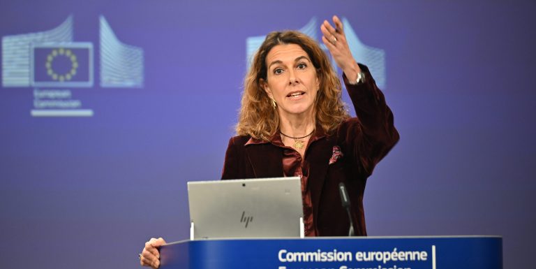 BRUSSELS, BELGIUM - JANUARY 13: Chief Spokesperson European Commission, Paula Pinho speaks during the daily press meeting in Brussels, Belgium on January 13, 2025. Pinho stated the European Commission President, Ursula von der Leyen continues her treatment in Hannover. (Photo by Dursun Aydemir/Anadolu via Getty Images)