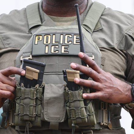 An U.S. Immigration and Customs Enforcement's (ICE) officer in New Orleans, Louisiana prior to Super Bowl LIX on February 08, 2025.