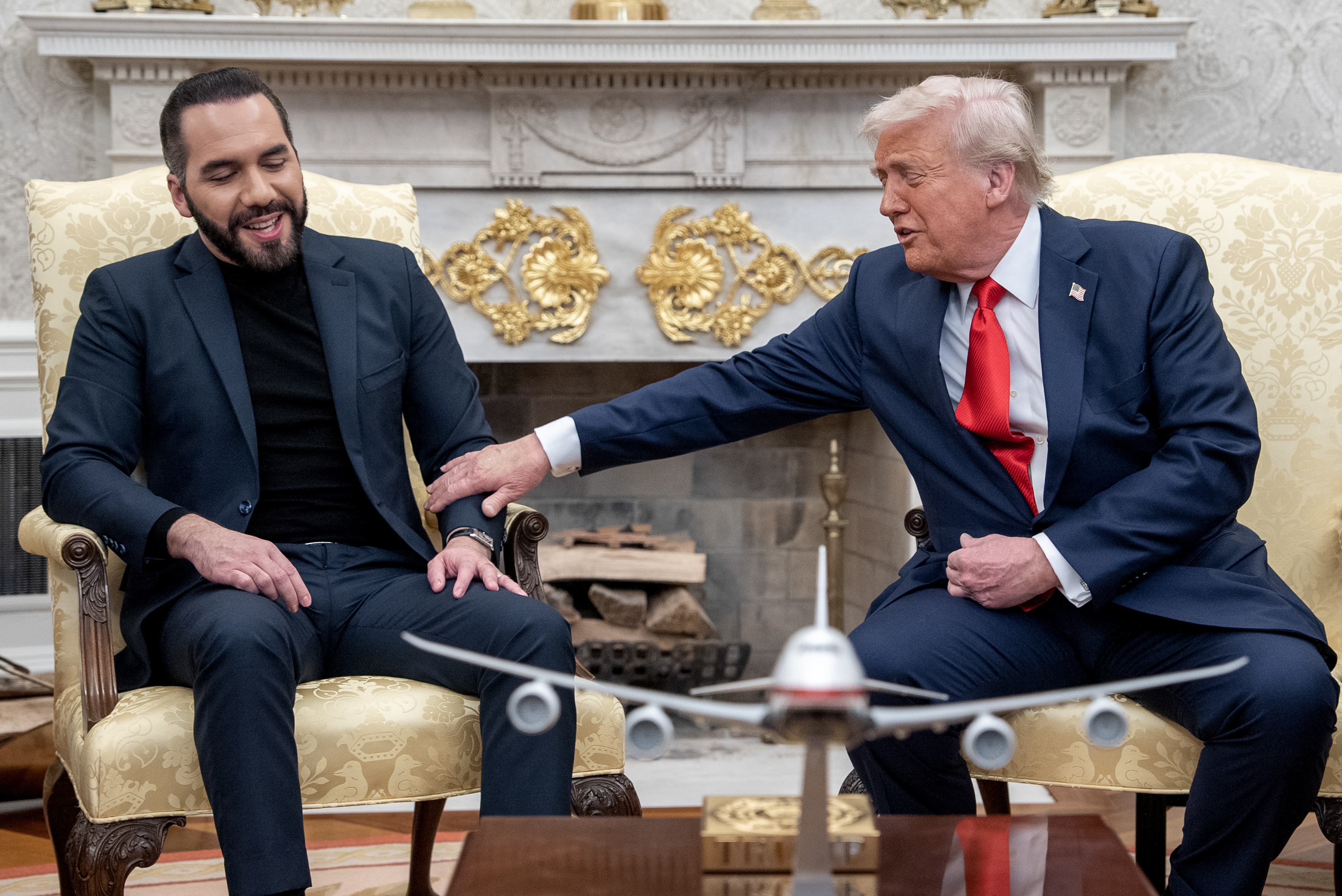US President Donald Trump, right, and Nayib Bukele, El Salvador's president, during a meeting in the Oval Office of the White House in Washington, DC, US, on Monday, April 14, 2025. Bukele said a Maryland man deported to his country by Trump's administration would not be returned to the US, even as the Supreme Court has called for Trump's administration to facilitate his release. Photographer: Ken Cedeno/UPI/Bloomberg via Getty Images