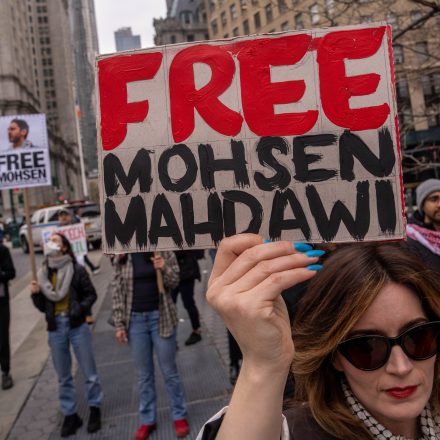 NEW YORK, NEW YORK - APRIL 15: Pro-Palestinian activists rally for Mohsen Mahdawi and protest against deportations outside of ICE Headquarters on April 15, 2025 in New York City. Mohsen Mahdawi, an organizer of pro-Palestinian demonstrations last year at Columbia University, was detained by the Department of Homeland Security during his naturalization interview in Vermont on Monday. (Photo by Adam Gray/Getty Images)