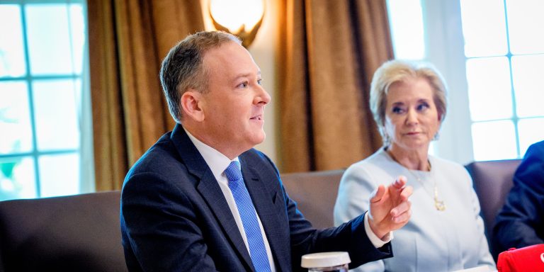 WASHINGTON, DC - APRIL 30: EPA Administrator Lee Zeldin, accompanied by Education Secretary Linda McMahon (R), speaks during a Cabinet meeting at the White House on April 30, 2025 in Washington, DC. Trump convened the meeting as reports released today say the U.S. economy contracted 0.3% in the first quarter of 2025, the first negative reading in three years, fueled by a massive surge in imports ahead of the administration's expected tariffs. (Photo by Andrew Harnik/Getty Images)