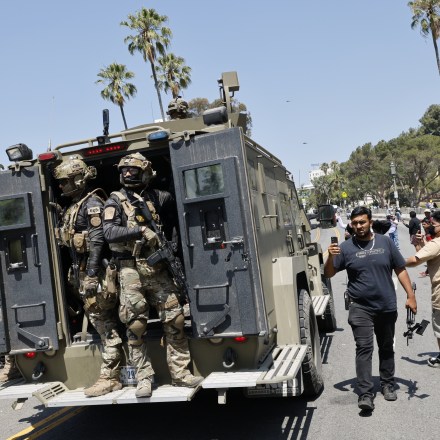Federal agents near MacArthur Park in the Westlake neighborhood of Los Angeles on July 7, 2025.