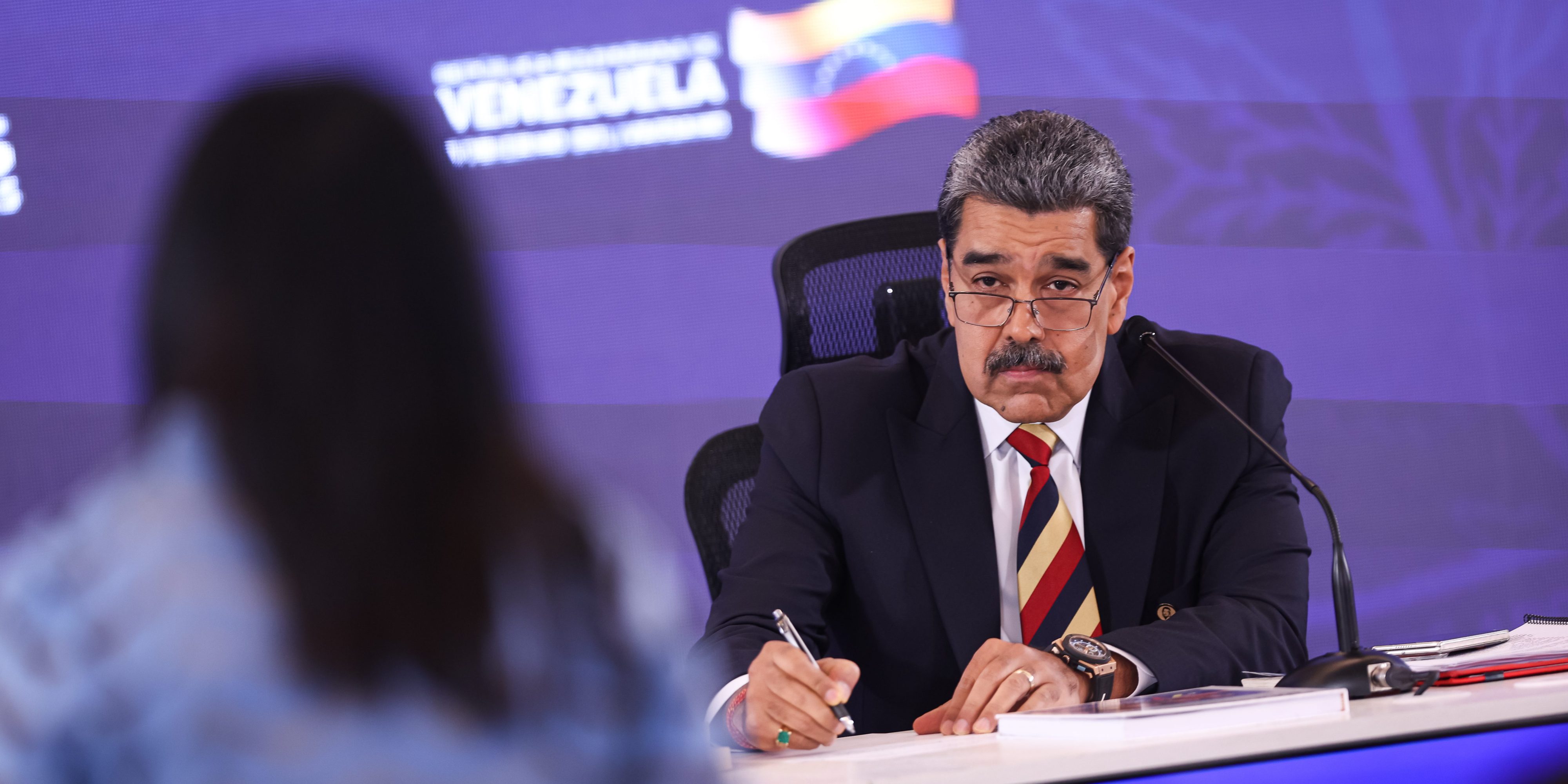 CARACAS, VENEZUELA - SEPTEMBER 01: President of Venezuela Nicolás Maduro listens to questions from journalists during a press conference at Hotel Melia Caracas on September 01, 2025 in Caracas, Venezuela. Maduro stated that his government is targeted by 8 military ships and 1,200 misiles; what he called the largest threat on Venezuela in the last 100 years. (Photo by Jesus Vargas/Getty Images)