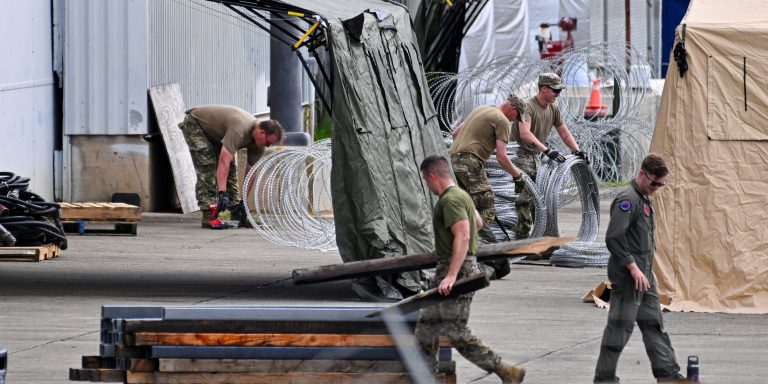 Members of the US Marine Corps, Marine Fighter Attack Squadron 225, work at José Aponte de la Torre Airport, formerly Roosevelt Roads Naval Station, on September 13, 2025 in Ceiba, Puerto Rico.
