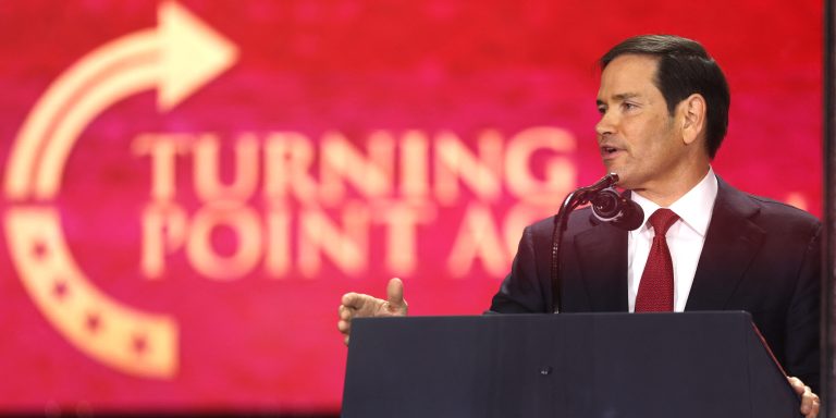 Secretary of State Marco Rubio speaks during the public memorial service for right-wing activist Charlie Kirk at State Farm Stadium in Glendale, Arizona, on September 21, 2025.