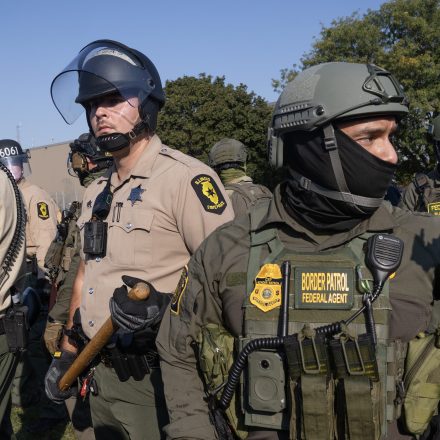 BROADVIEW, ILLINOIS - OCTOBER 03: Police confront demonstrators during a protest outside an immigrant processing and detention center on October 03, 2025 in Broadview, Illinois. The site has been the target of frequent protests as federal law enforcement agents continue Operation Midway Blitz in the Chicago area, an operation designed to apprehend and deport undocumented immigrants living in the area.  (Photo by Scott Olson/Getty Images)