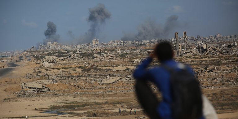GAZA CITY, GAZA - OCTOBER 6: Smoke rises over southern Gaza City following a series of Israeli airstrikes on October 6, 2025, despite U.S. President Donald Trump's call to immediately halt the offensive. Israeli forces continued attacks from air, land, and sea, striking multiple areas across the city as destruction spread along the coastline and dense residential zones. (Photo by Hassan Jedi/Anadolu via Getty Images)