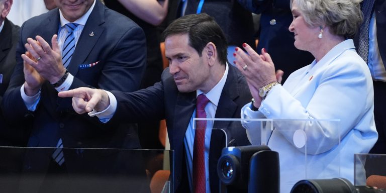 JERUSALEM - OCTOBER 13: Secretary of State Marco Rubio is recognized by President Donald Trump as he speaks to the in the Knesset, Israel's parliament, on October 13, 2025 in Jerusalem. President Trump is visiting the country hours after Hamas released the remaining Israeli hostages captured on Oct. 7, 2023, part of a US-brokered ceasefire deal to end the war in Gaza. (Photo by Evan Vucci - Pool/Getty Images)