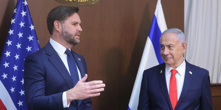 JERUSALEM - OCTOBER 22: (----EDITORIAL USE ONLY - MANDATORY CREDIT - 'MARC ISRAEL SELLEM / POOL' - NO MARKETING NO ADVERTISING CAMPAIGNS - DISTRIBUTED AS A SERVICE TO CLIENTS----) U.S. Vice President J.D. Vance (L) and Israeli Prime Minister Benjamin Netanyahu (R) speak to the media before the interdelegational meeting at the Prime Minister's Office in West Jerusalem, on October 22, 2025. (Photo by POOL / Marc Israel Sellem / Handout /Anadolu via Getty Images)