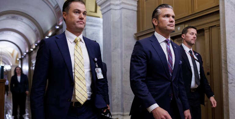 Secretary of War Pete Hegseth departs the U.S. Capitol following a closed-door briefing with lawmakers and U.S. Secretary of State Marco Rubio on November 5, 2025 on Capitol Hill in Washington, DC.