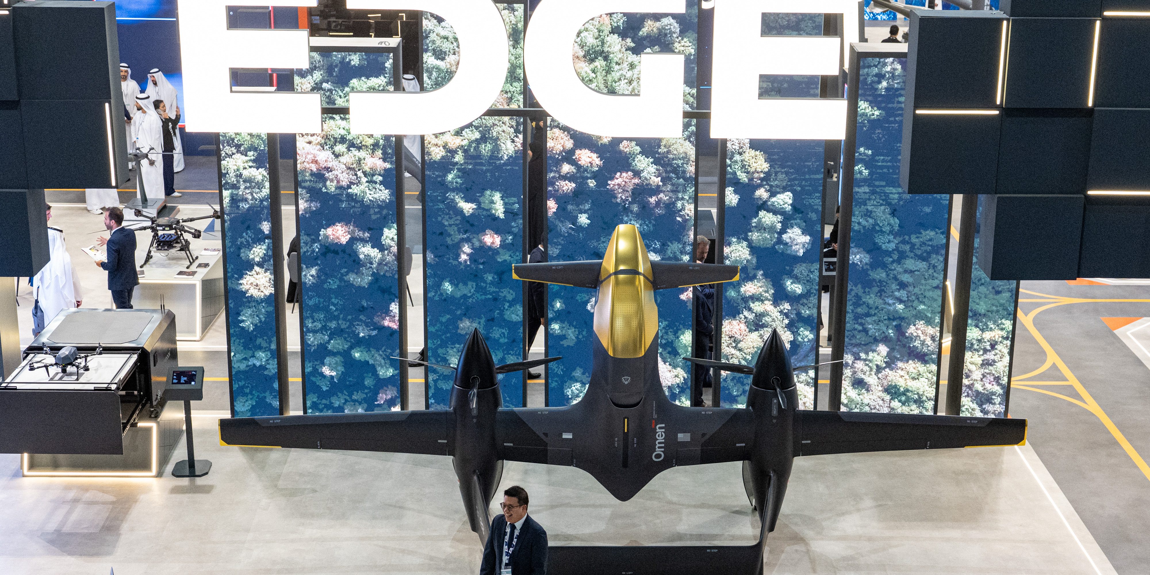An Omen hybrid-electric vertical takeoff and landing drone, developed by Anduril and Edge Group, at the Dubai Air Show in Dubai, United Arab Emirates, on Monday, Nov. 17, 2025.