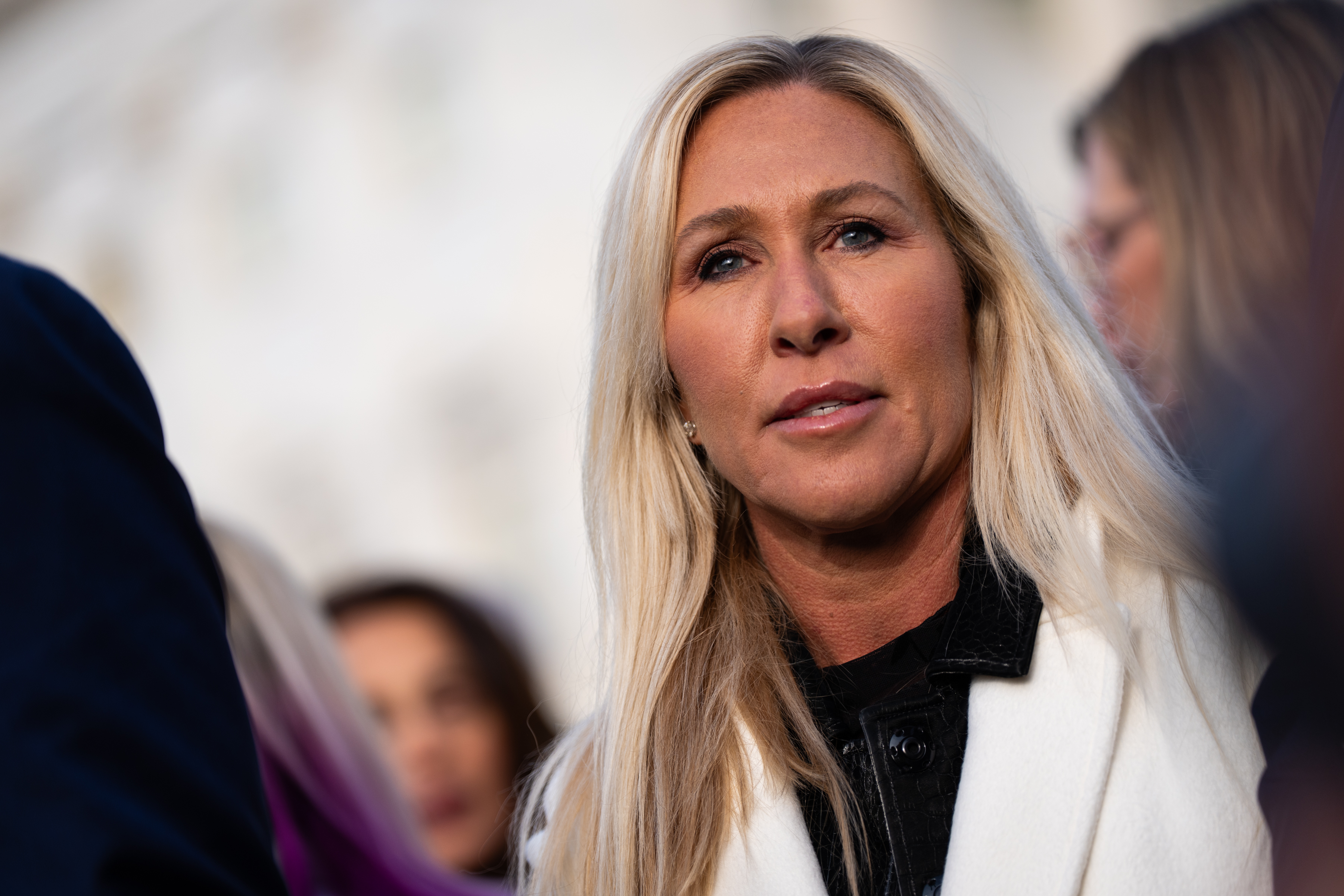 WASHINGTON, DC - NOVEMBER 18: Rep. Marjorie Taylor Greene, pictured, R-Ga, Rep. Ro Khanna, D-Calif., and Rep. Thomas Massie, R-Ky held a press conference outside the U.S. Capitol, on Tuesday, November 18, 2025, with victims of convicted sex offender Jeffrey Epstein as the House prepares to vote to release records related to him. Sarah L. Voisin/The Washington Post via Getty Images)