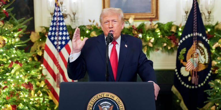 US President Donald Trump during a prime-time address to the nation in the Diplomatic Reception Room of the White House in Washington, DC, US, on Wednesday, Dec. 17, 2025. Trump will use the speech to detail "the historic accomplishments that he has garnered our country over the past year" as well as "teasing some policy that will be coming in the new year." Photographer: Doug Mills/The New York Times/Bloomberg via Getty Images