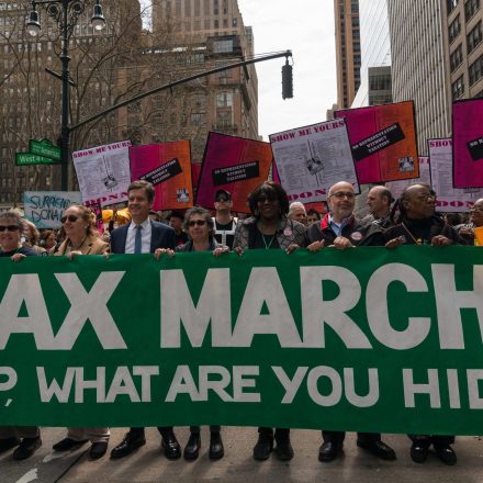 MIDTOWN MANHATTAN, NEW YORK, UNITED STATES - 2017/04/15: Demonstrators in New York City rallied at Bryant Park in Midtown Manhattan before march to Trump Tower as part of a nationwide series of demonstrations to demand the release of President Donald J. Trump's past income tax returns. The march coincides with the deadline for filing 2016 income tax returns in the United States. (Photo by Albin Lohr-Jones/Pacific Press/LightRocket via Getty Images)