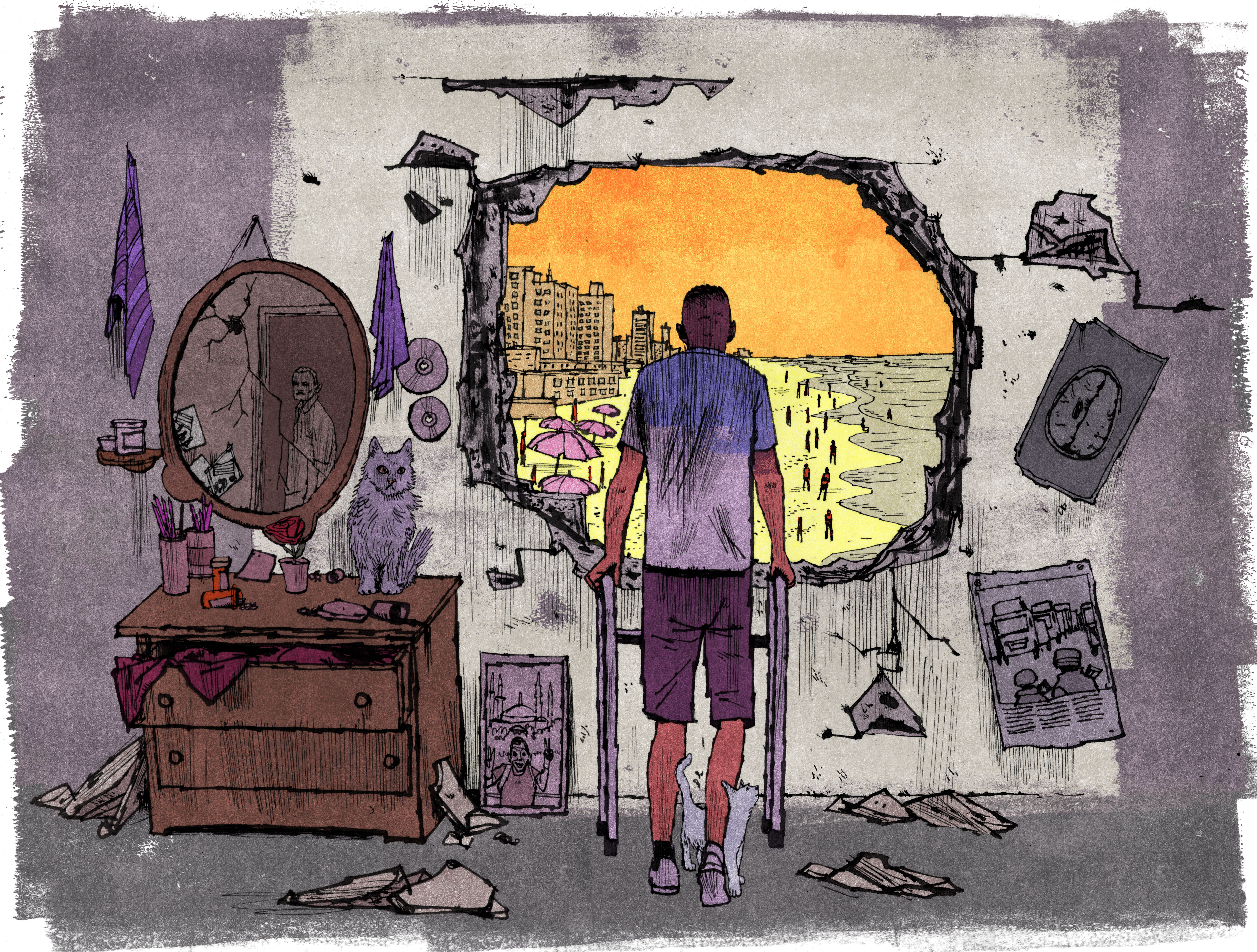 An illustration of a man with a walker gazing through a hole in his wall.