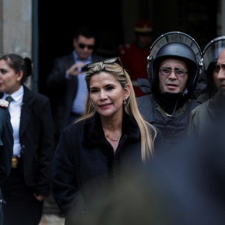 Bolivian Interim President Jeanine Anez takes part in a ceremony with the police in front of the Presidential Palace, in La Paz, Bolivia November 13, 2019. REUTERS/Luisa Gonzalez - RC2GAD9GFWF0