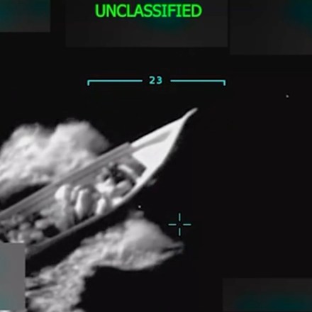 A screenshot from the edited video President Donald Trump posted to Truth Social on Sept. 2, 2025, showing a U.S. military strike on a boat in the Caribbean Sea.