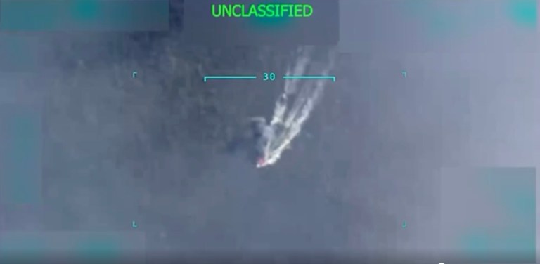 A screenshot from the edited video President Donald Trump posted to Truth Social on Sept. 2, 2025, showing a U.S. military strike on a boat in the Caribbean Sea.