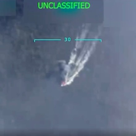 A screenshot from the edited video President Donald Trump posted to Truth Social on Sept. 2, 2025, showing a U.S. military strike on a boat in the Caribbean Sea.