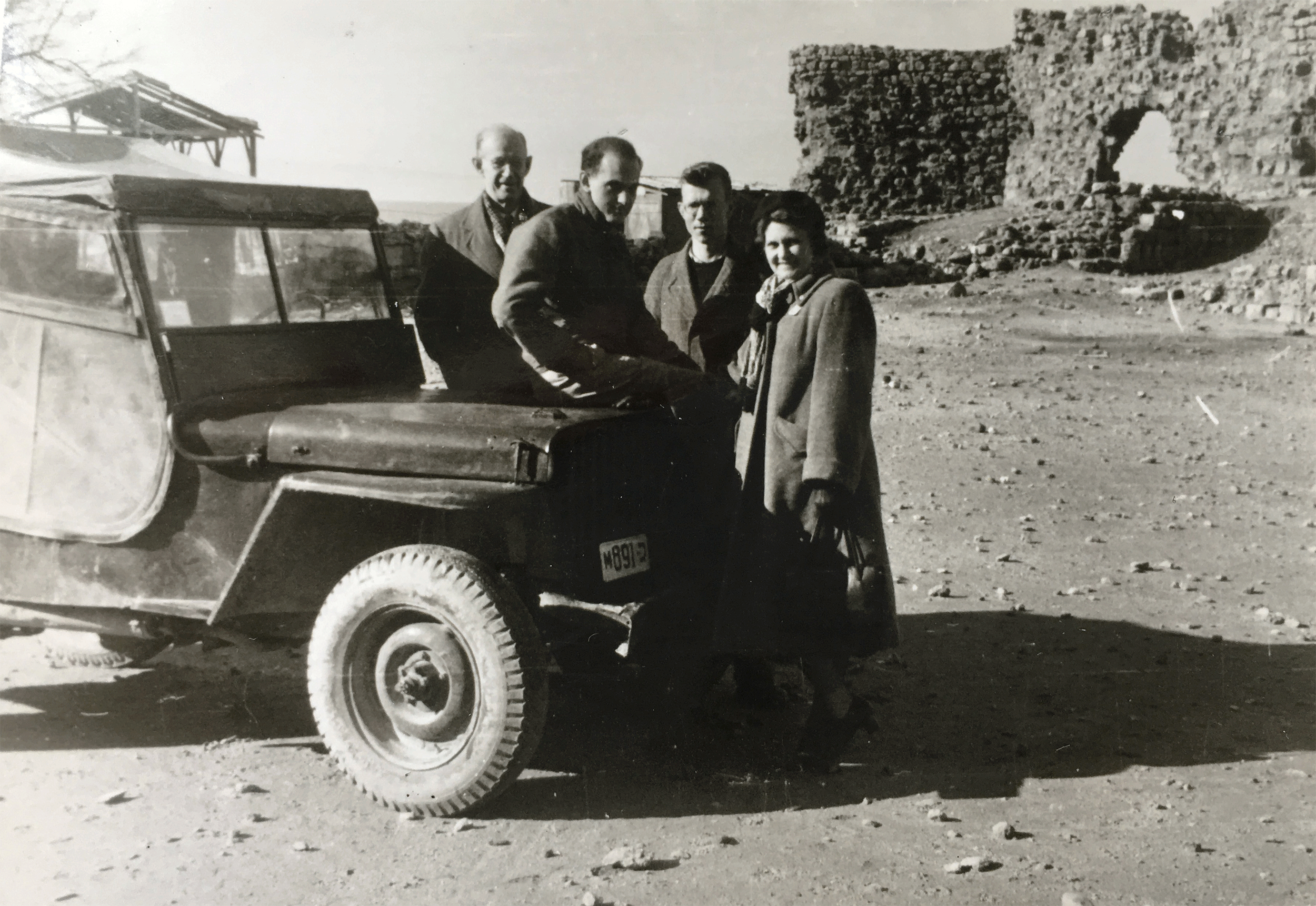 Don Peretz, second from left, with fellow volunteering in Palestine in February 1949 with the Quaker group the American Friends Service Committee to distribute aid those displaced during the Nakba, the forced expulsion and dispossession of Palestinians during Israel's founding.