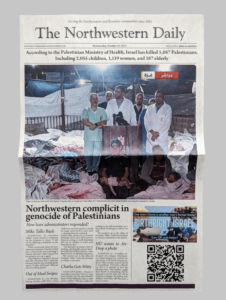 A photo of the parody cover of the Daily Northwestern mocking Northwestern University's stances on Israel's war in Gaza.